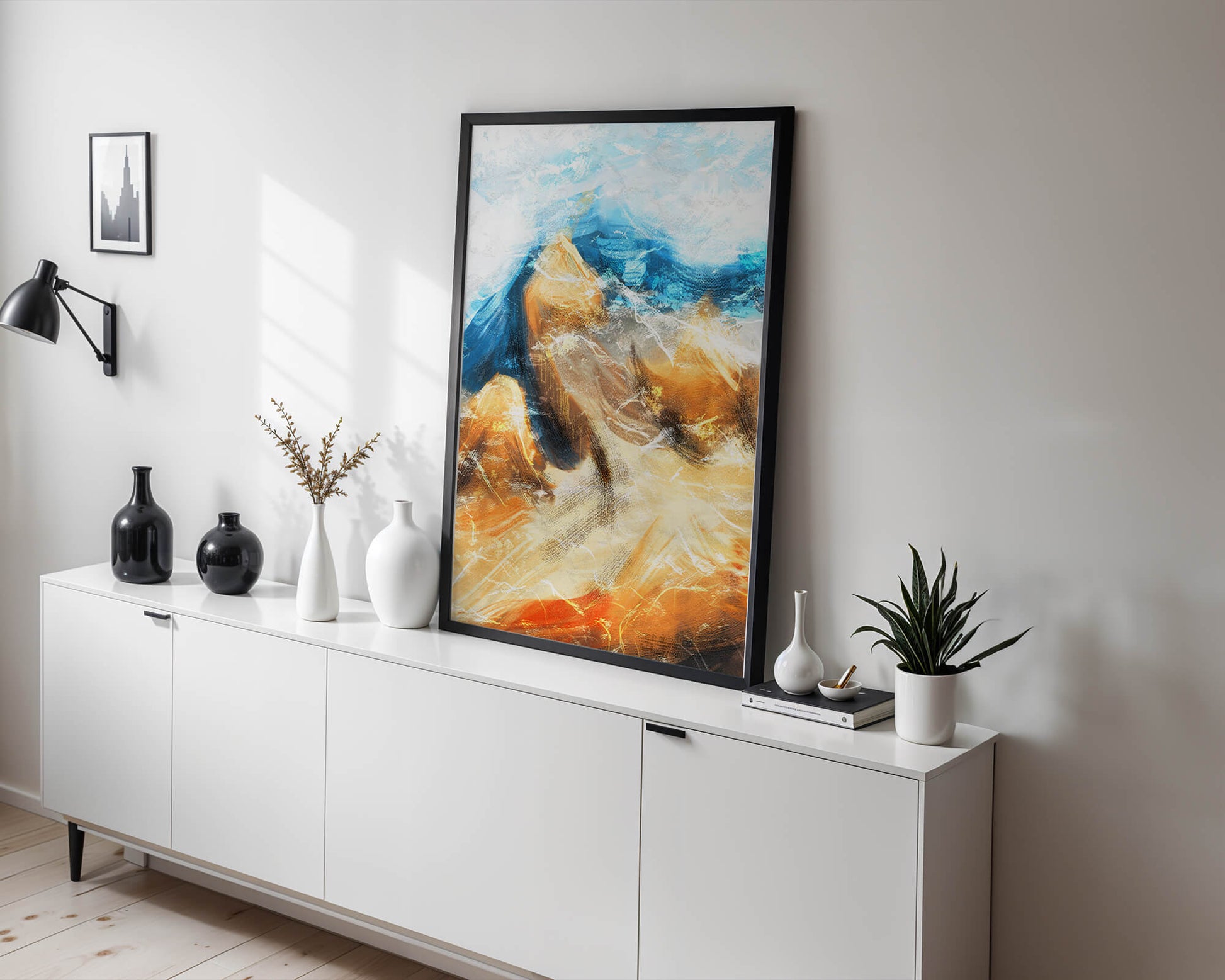 Abstract landscape with blue and golden hues