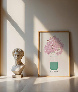 Illustration von Hortensienblüten in einer Vase mit eleganter Linienkunst
