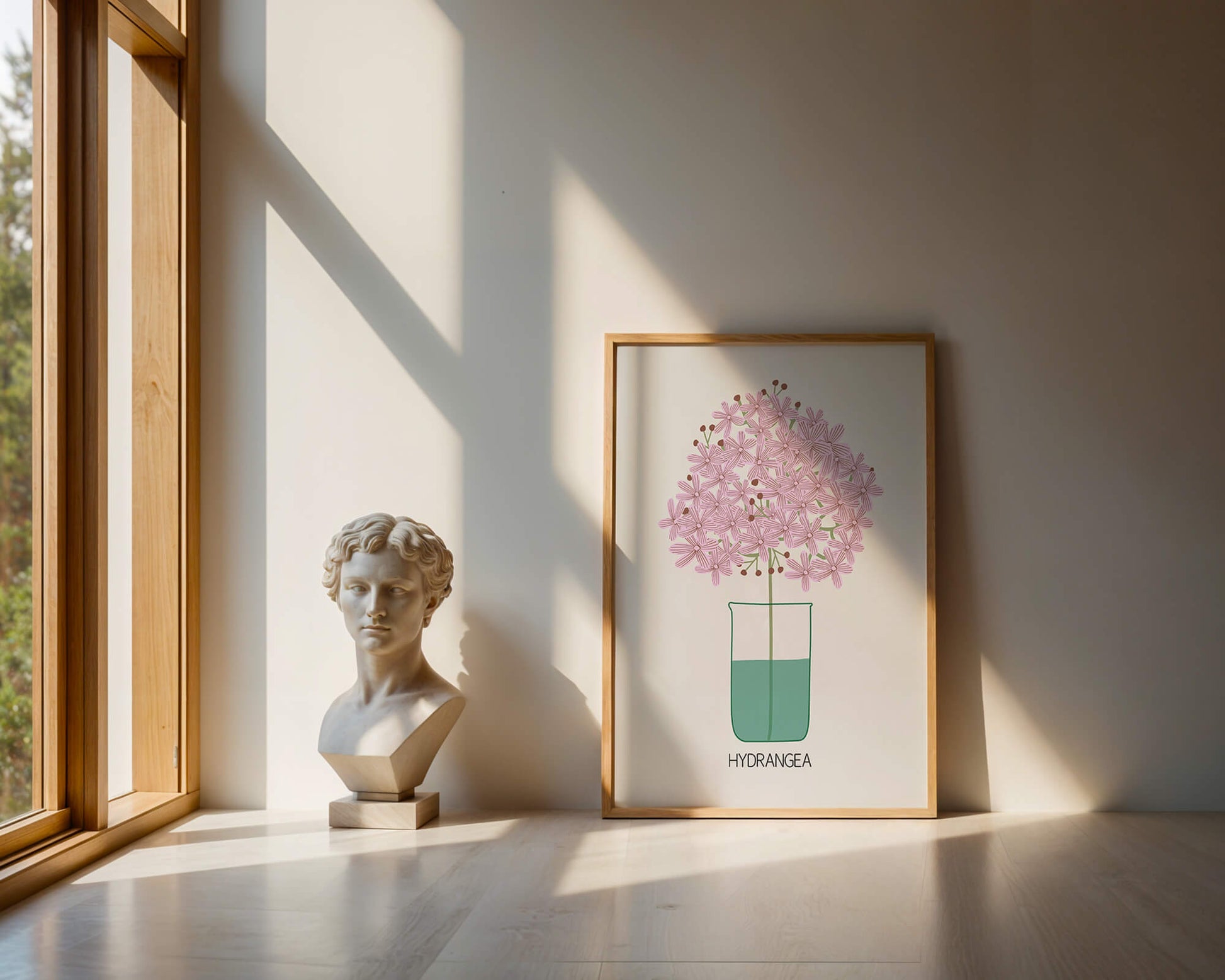Illustration von Hortensienblüten in einer Vase mit eleganter Linienkunst