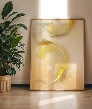 Elegant golden feather design with shimmering background