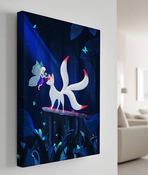 Enchanted forest with fairy and mystical creature under moonlit sky