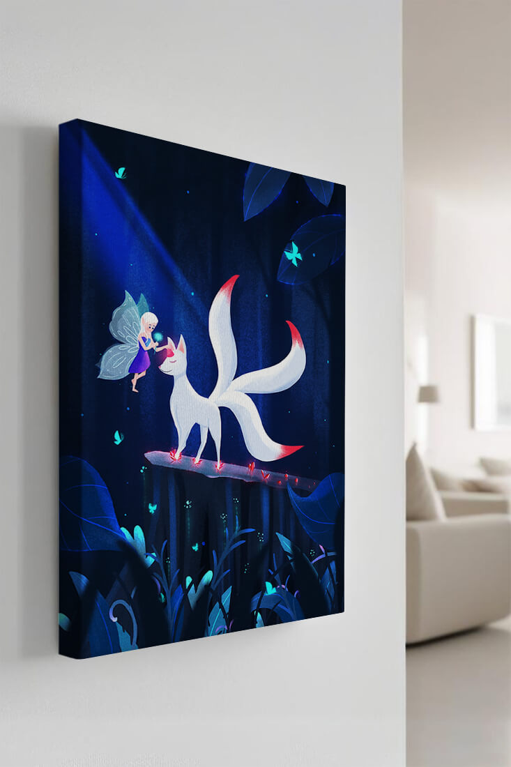 Enchanted forest with fairy and mystical creature under moonlit sky