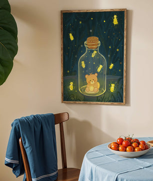 Charming teddy bear in a jar with glowing fireflies