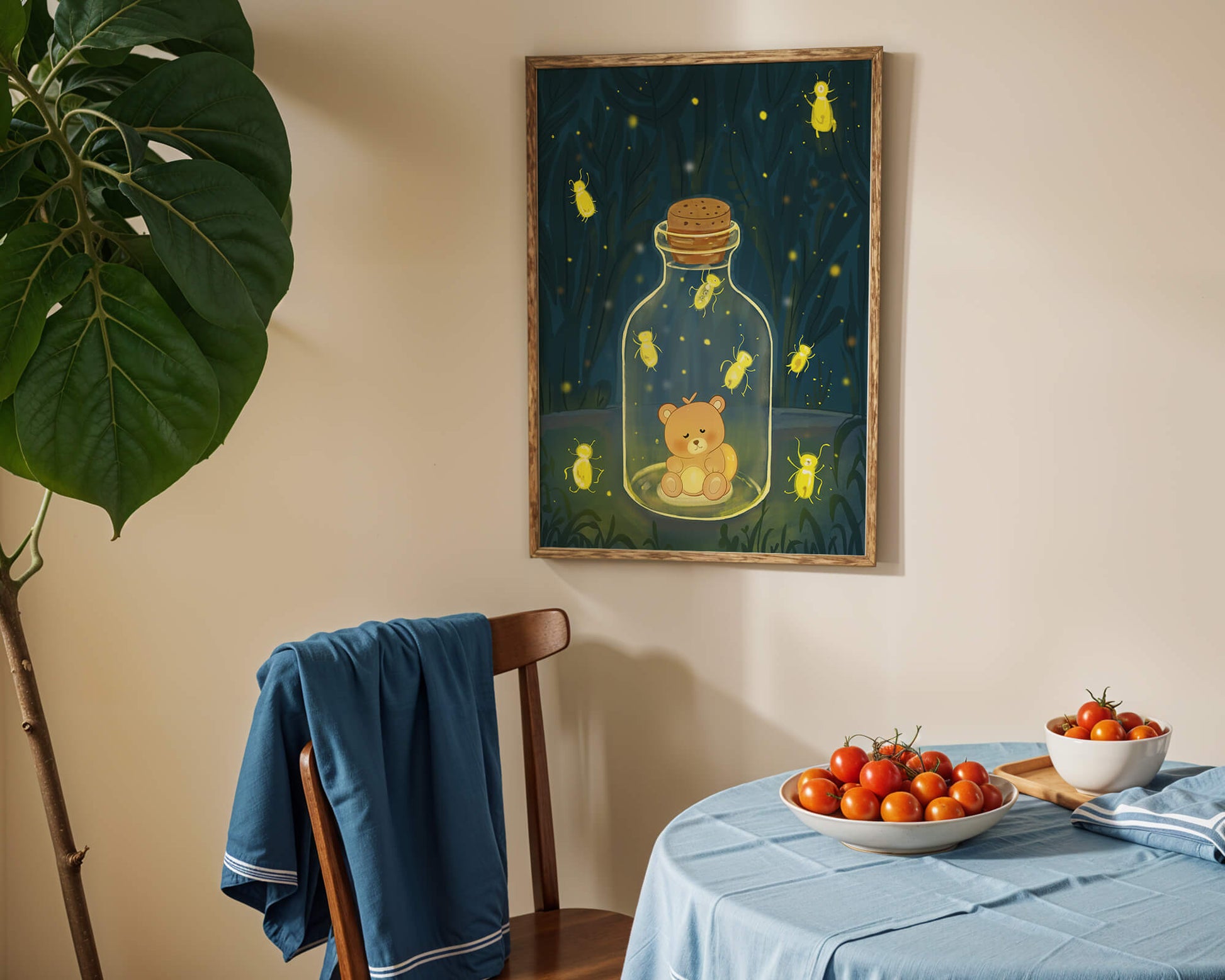 Charming teddy bear in a jar with glowing fireflies
