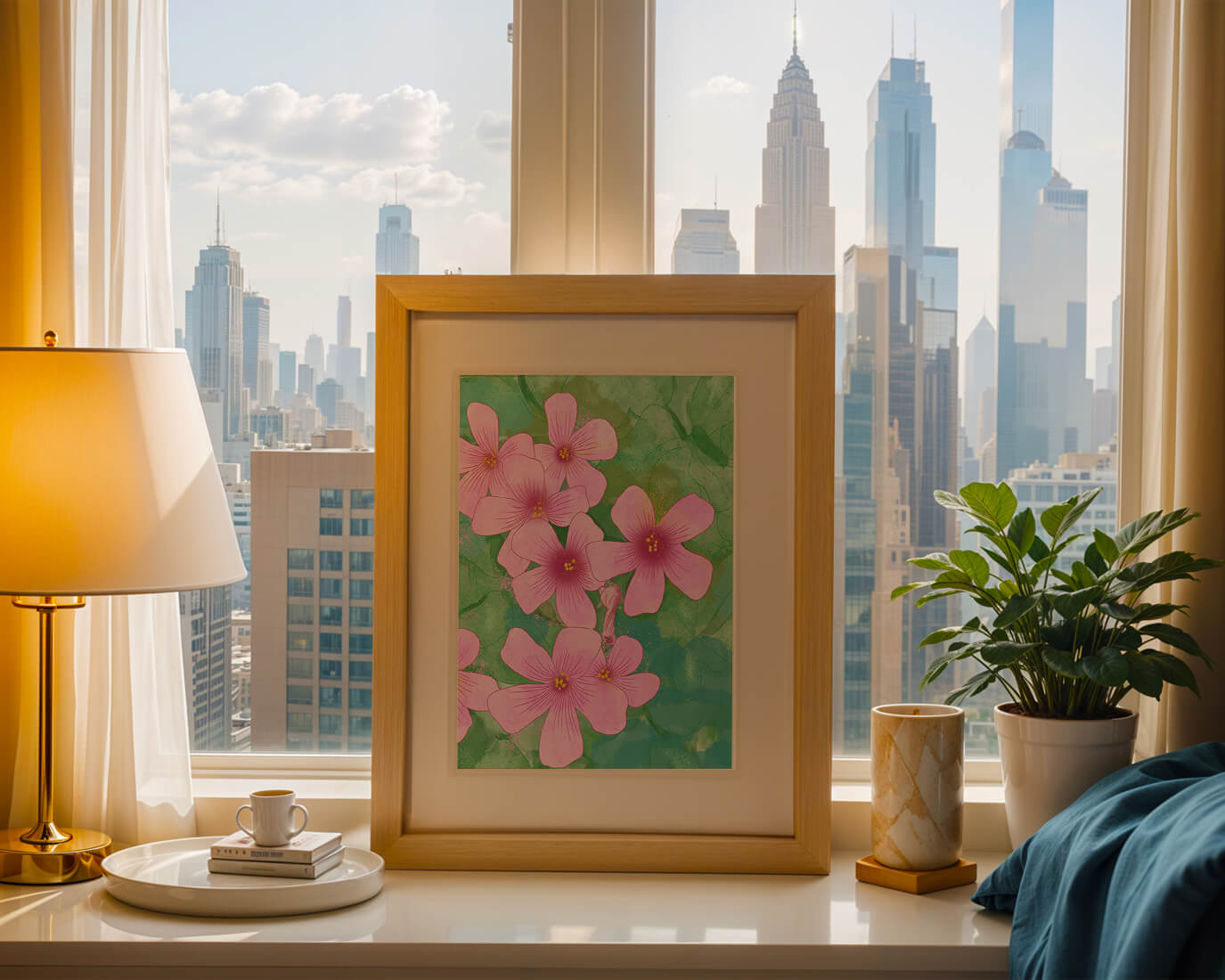 Zarte rosa Blüten auf einem leuchtend grünen Hintergrund Illustration