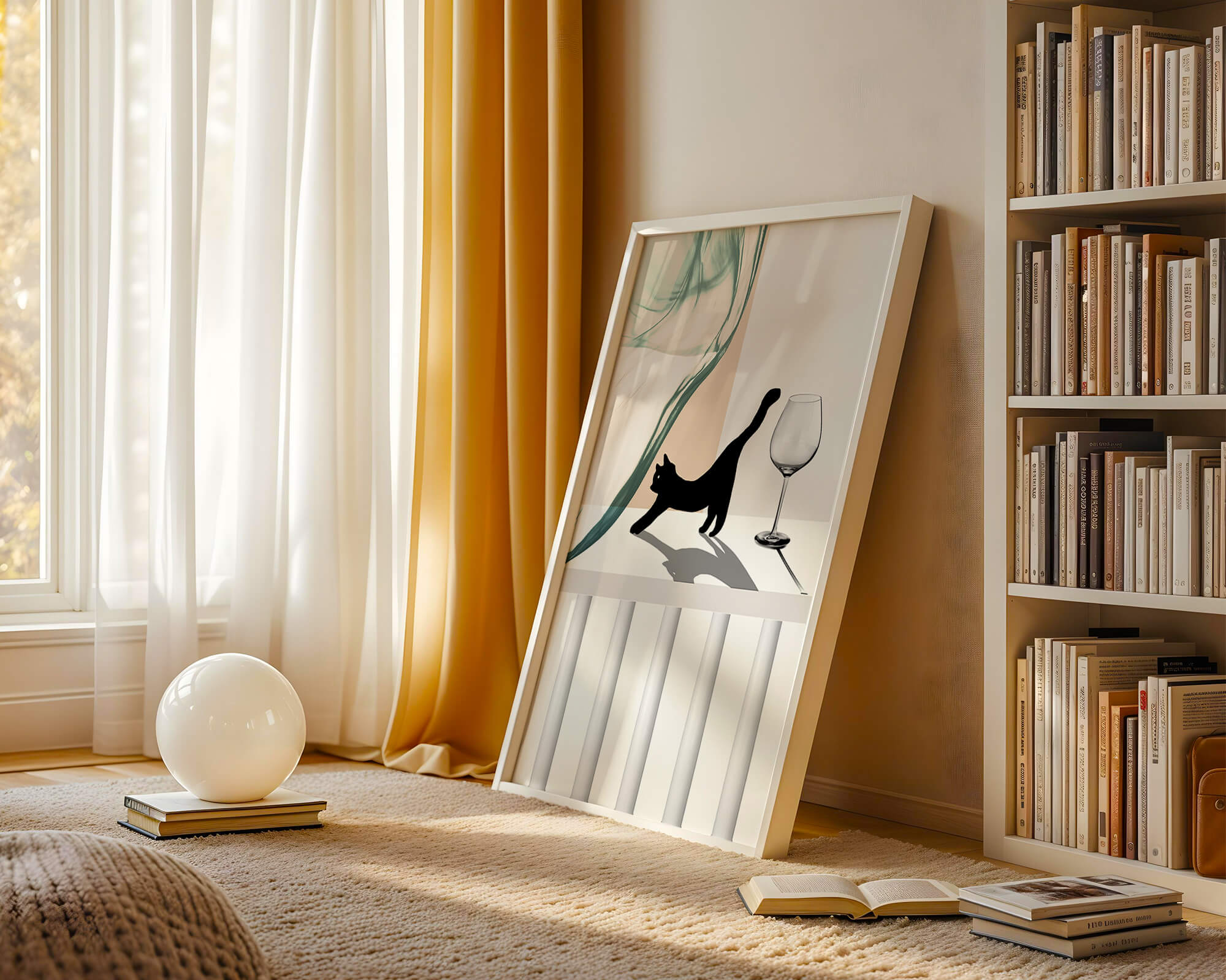Abstract Composition with Black Cat and Wine Glass on Geometric Background