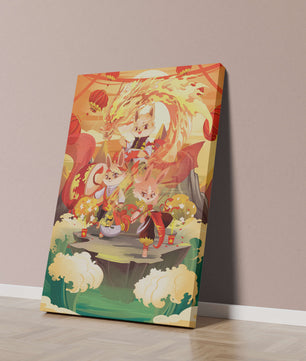 Fantastical scene with anthropomorphic animals and a dragon in a vibrant setting
