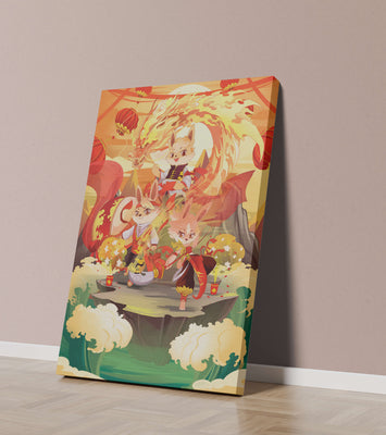 Fantastical scene with anthropomorphic animals and a dragon in a vibrant setting