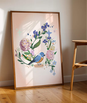 Delightful illustration of a bird amidst colorful flowers on a soft pink background
