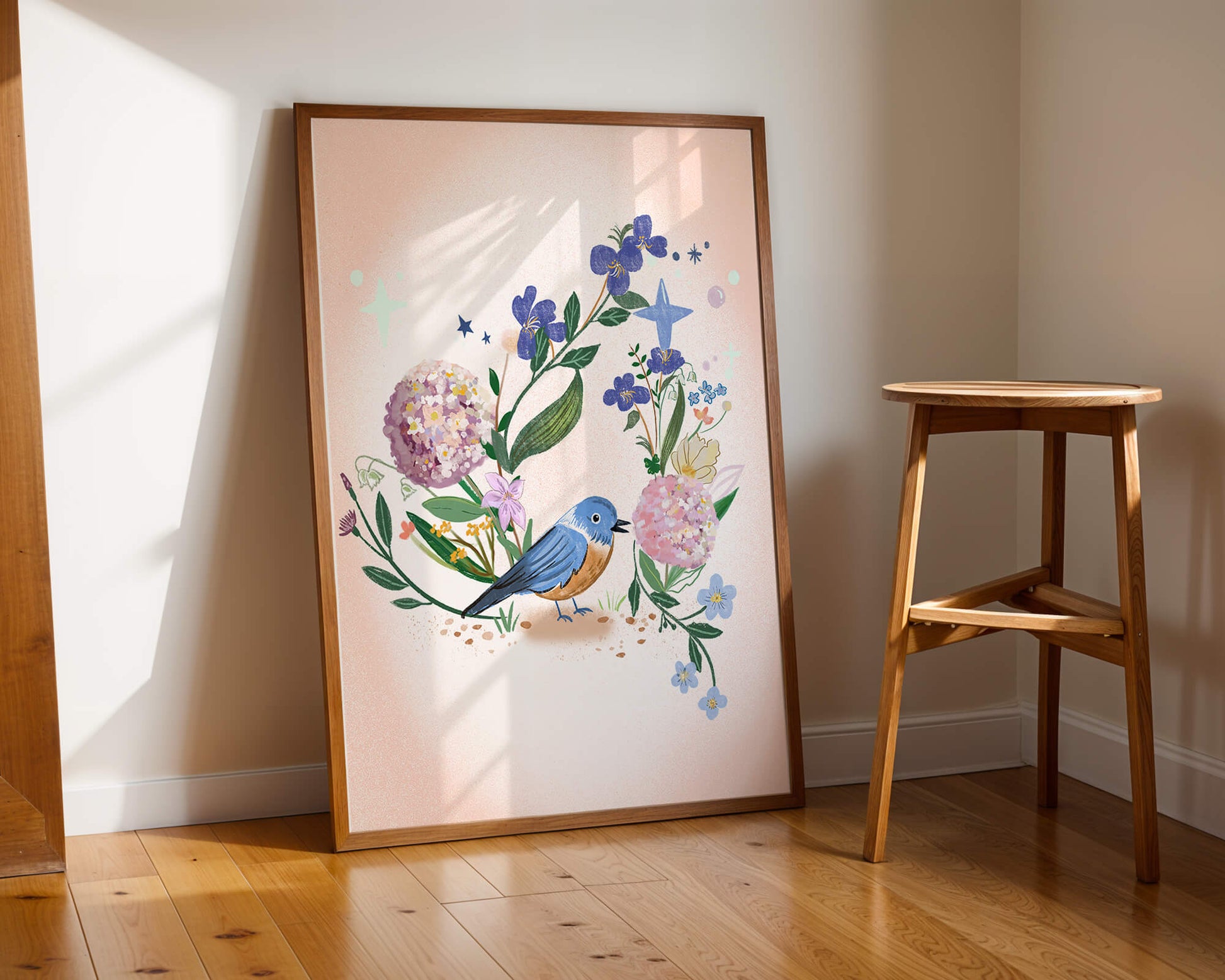 Delightful illustration of a bird amidst colorful flowers on a soft pink background
