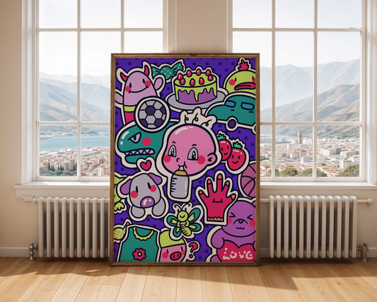 Vibrant cartoon collage featuring baby, animals, and playful objects