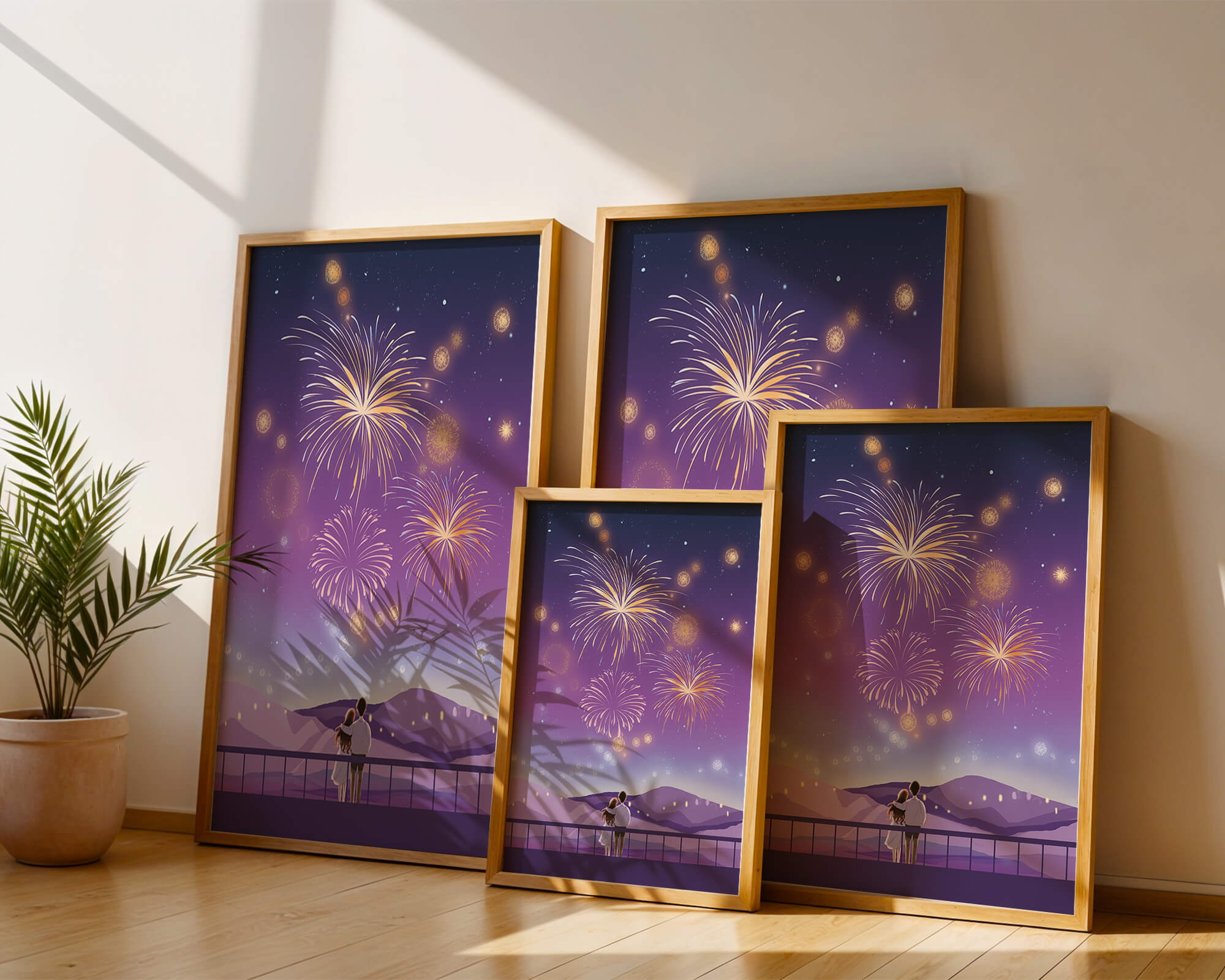 Romantic Couple Watching Fireworks on a Starry Night
