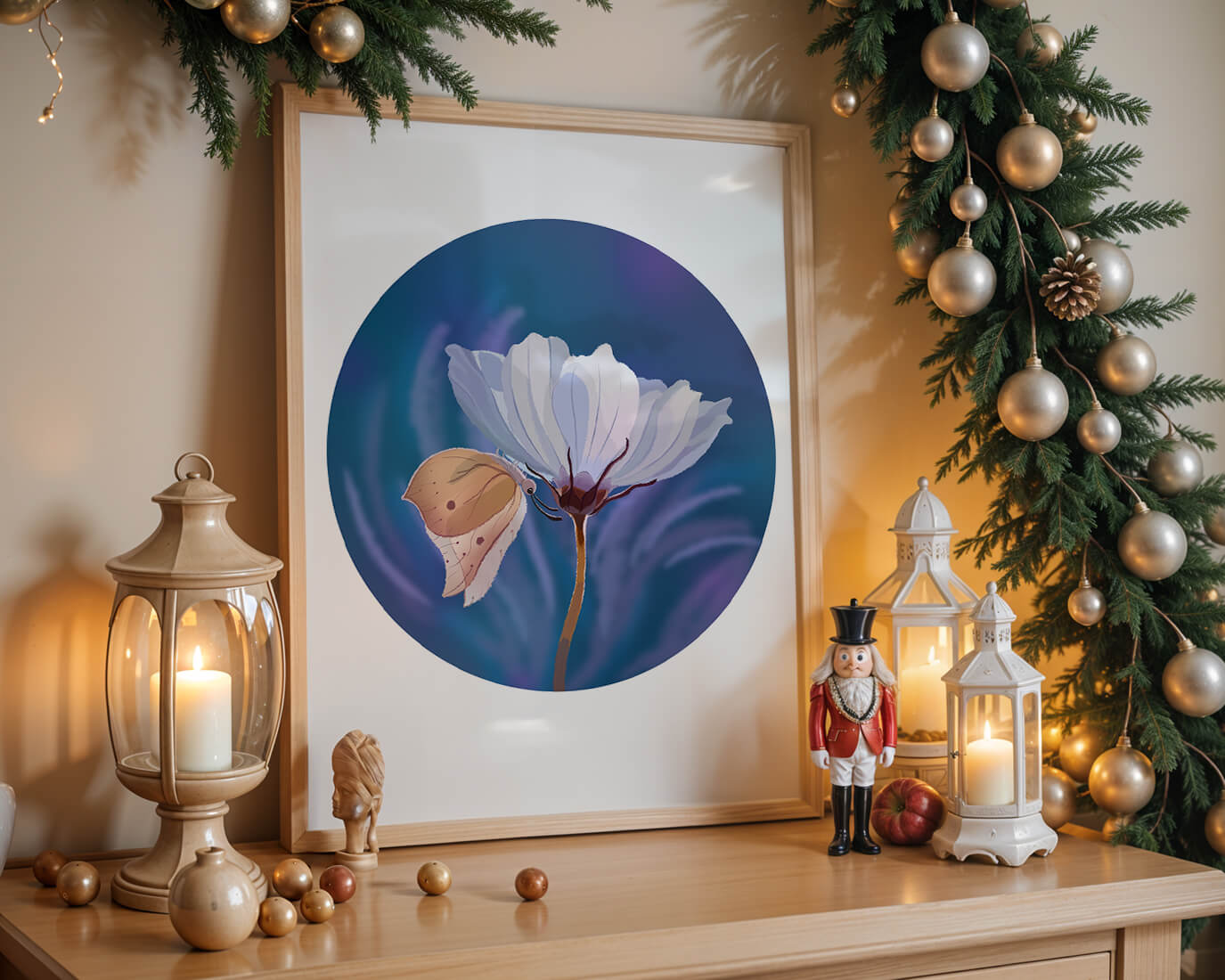 Delicate butterfly resting on a white flower in a serene blue background
