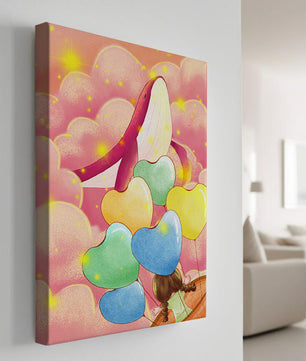 Globos con forma de corazón y ballena en una escena caprichosa y colorida
