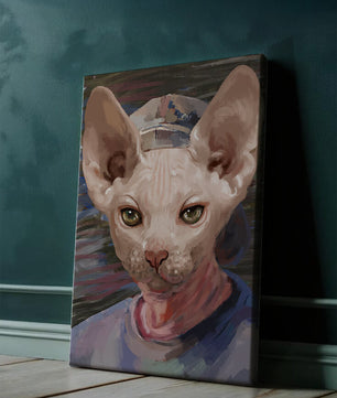 Painted portrait of a sphynx cat wearing a casual cap