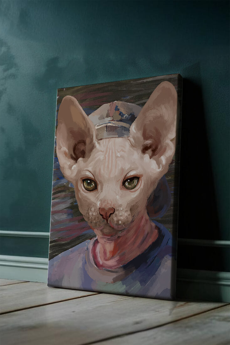 Painted portrait of a sphynx cat wearing a casual cap