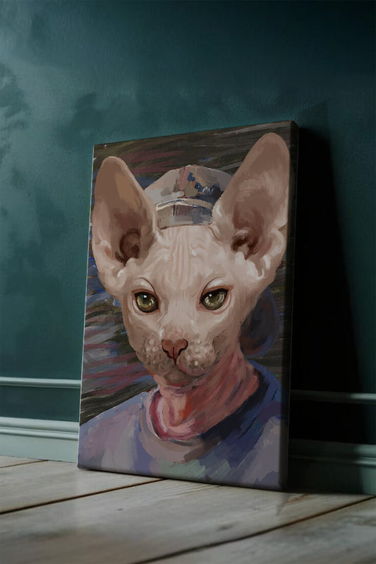 Painted portrait of a sphynx cat wearing a casual cap