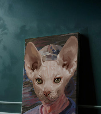 Painted portrait of a sphynx cat wearing a casual cap