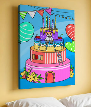 Colorful birthday cake with teddy bear and festive decorations