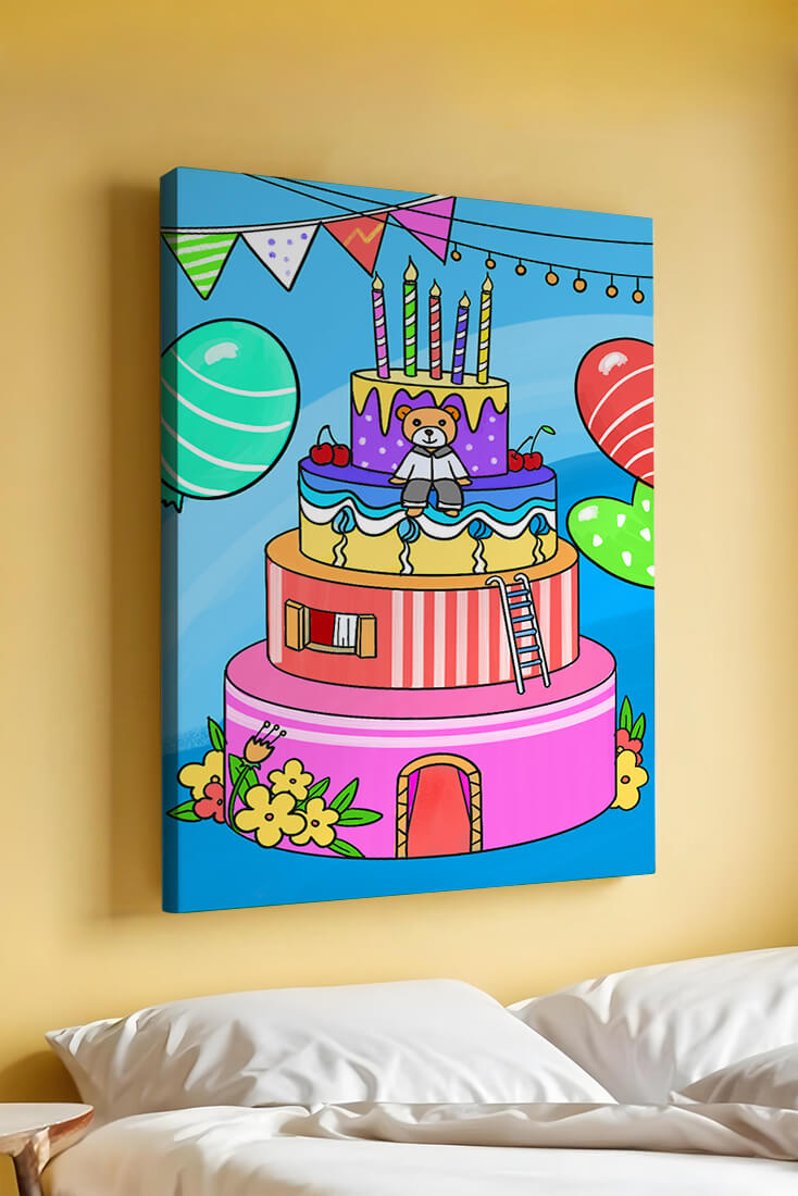 Colorful birthday cake with teddy bear and festive decorations