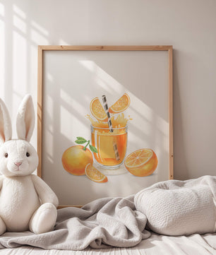 Illustration of a refreshing orange juice with fresh oranges and splash