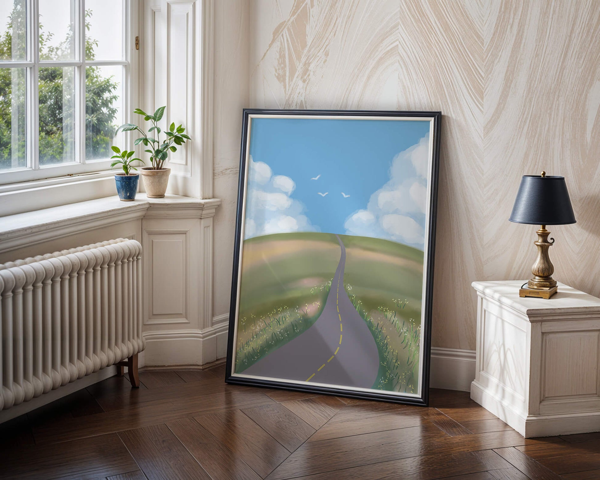 Serene countryside road with vibrant sky and rolling hills