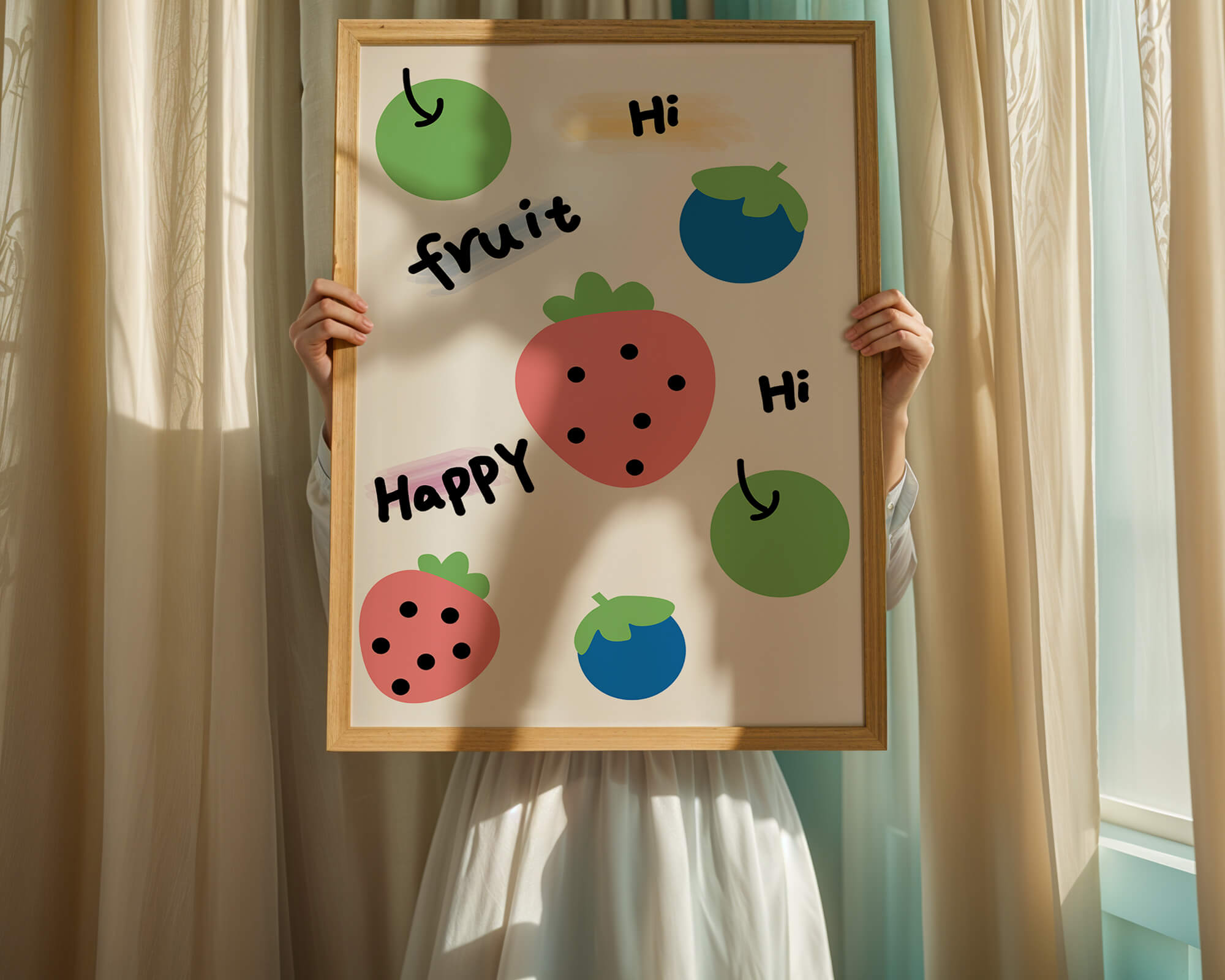 Colorful fruit-themed illustration with playful text elements
