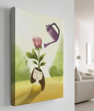 Ilustración de una chica con una flor creciendo de su cabeza siendo regada