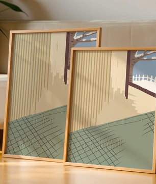 Escena interior con vista invernal a través de una ventana