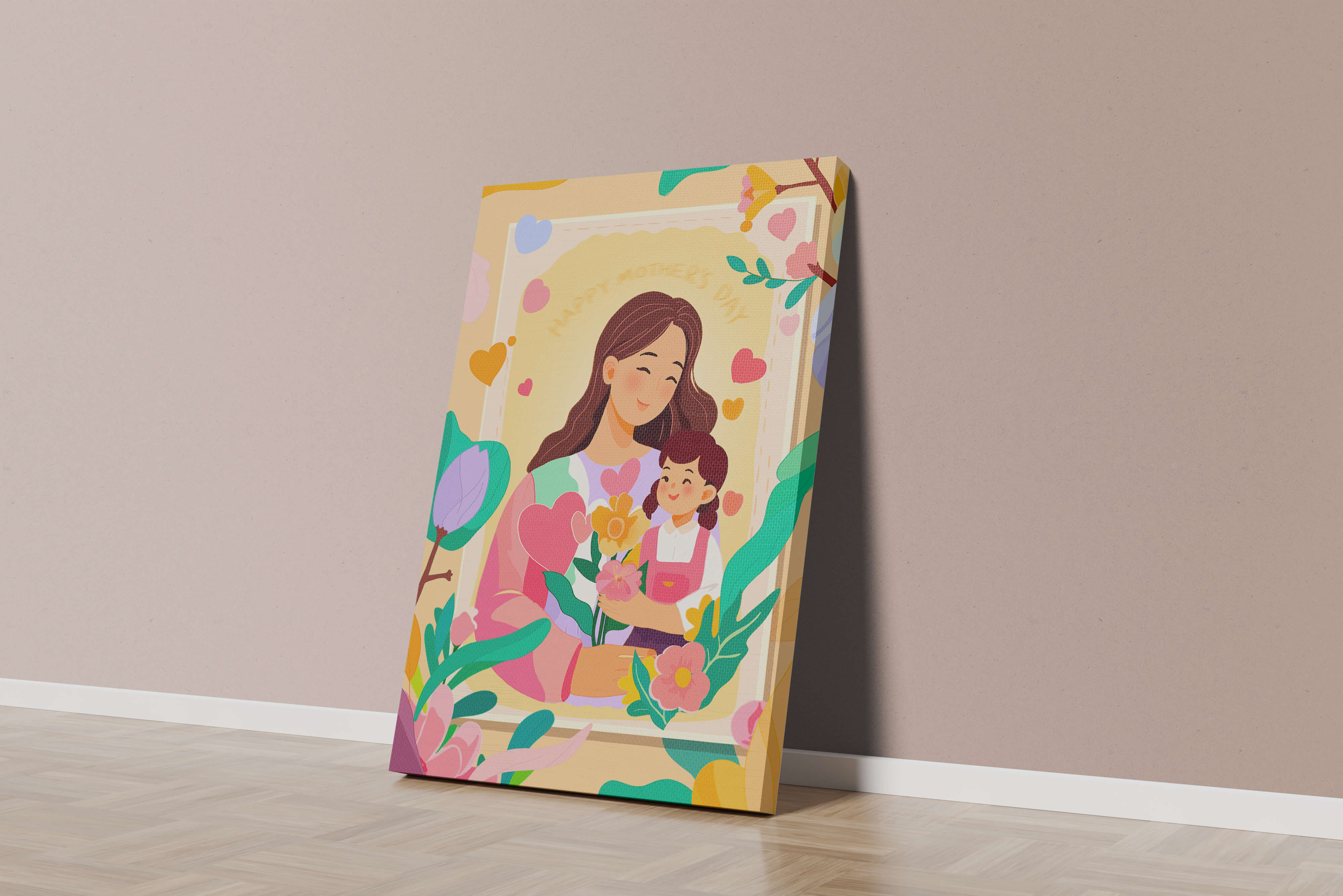 Illustration of mother and daughter with flowers for Mother's Day