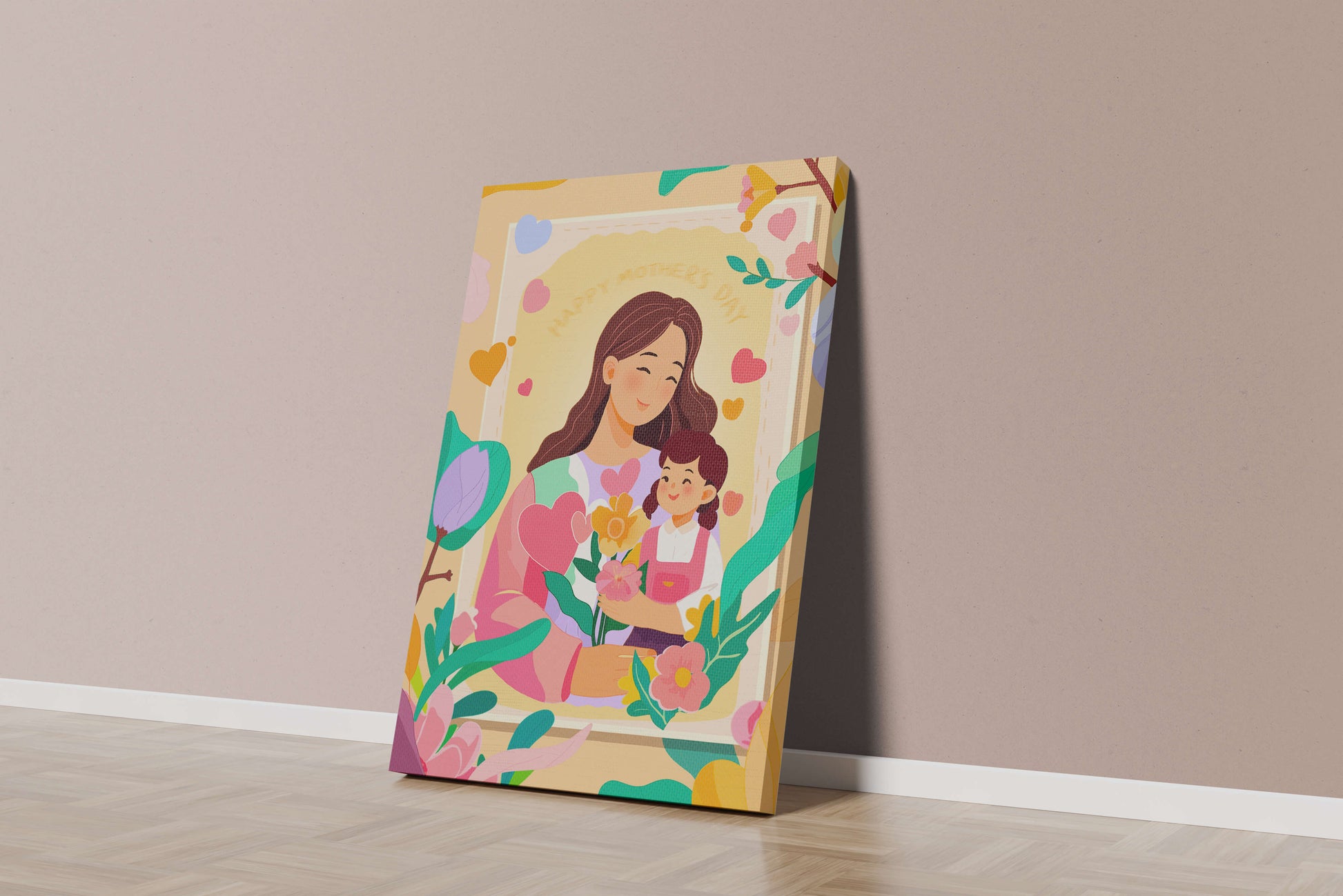 Illustration of mother and daughter with flowers for Mother's Day