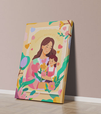 Illustration of mother and daughter with flowers for Mother's Day