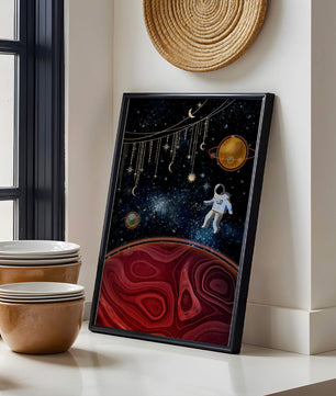 Escena espacial surrealista con astronauta y elementos celestiales