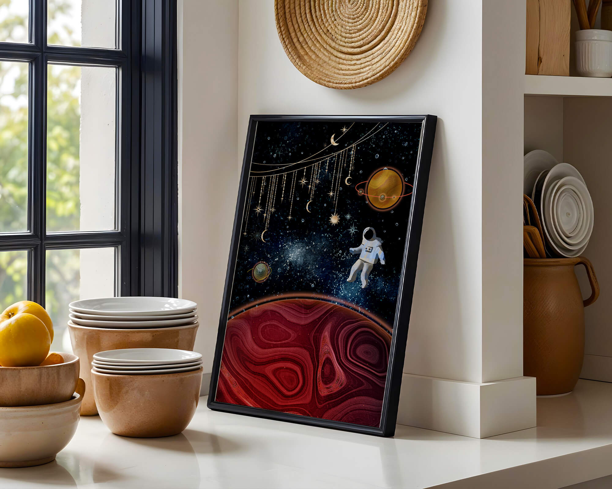 Surreal space scene with astronaut and celestial elements