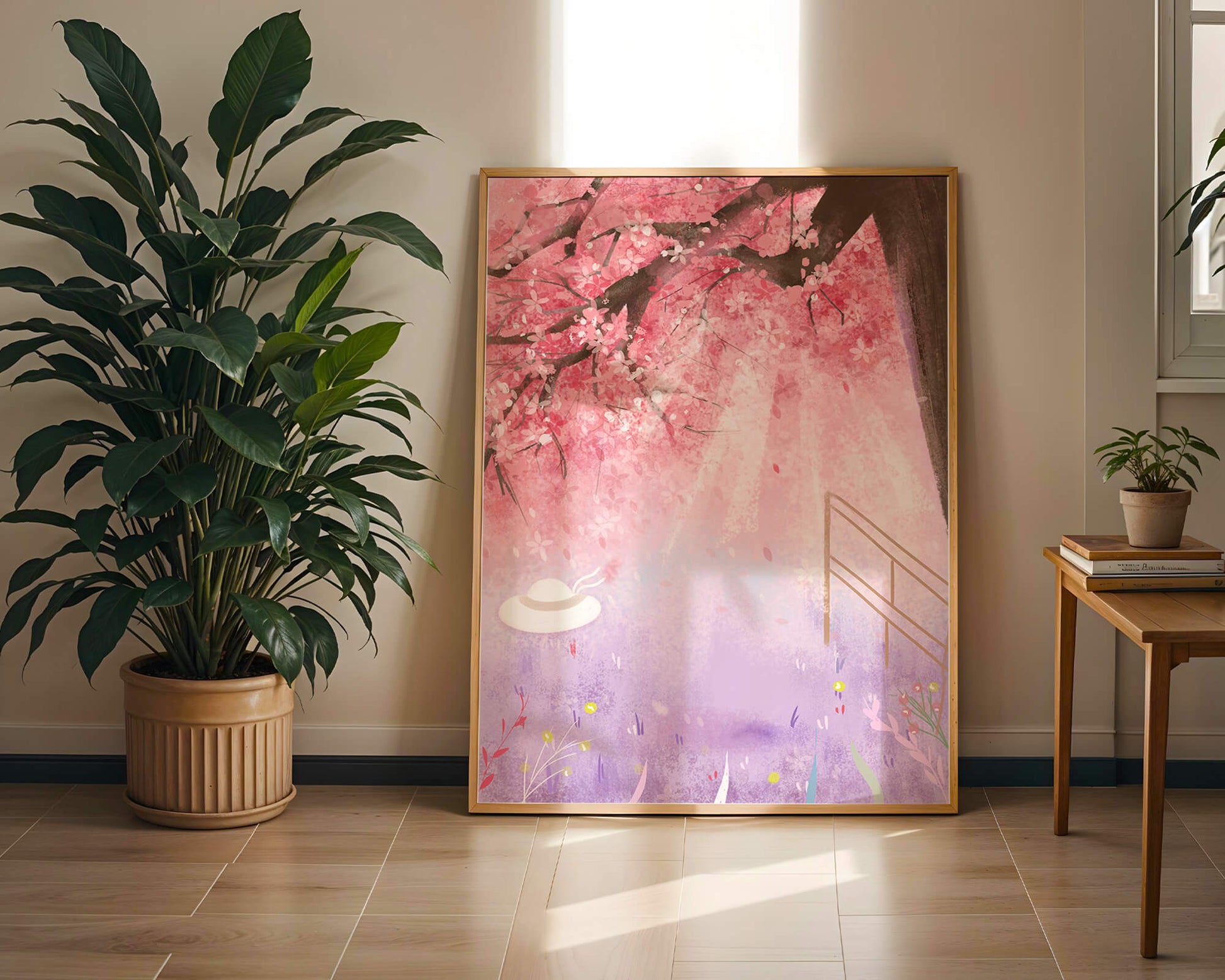 Cherry Blossom Garden with Spring Flowers and Sunlight