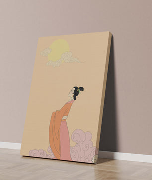 Elegant Woman in Traditional Dress with Moon and Clouds