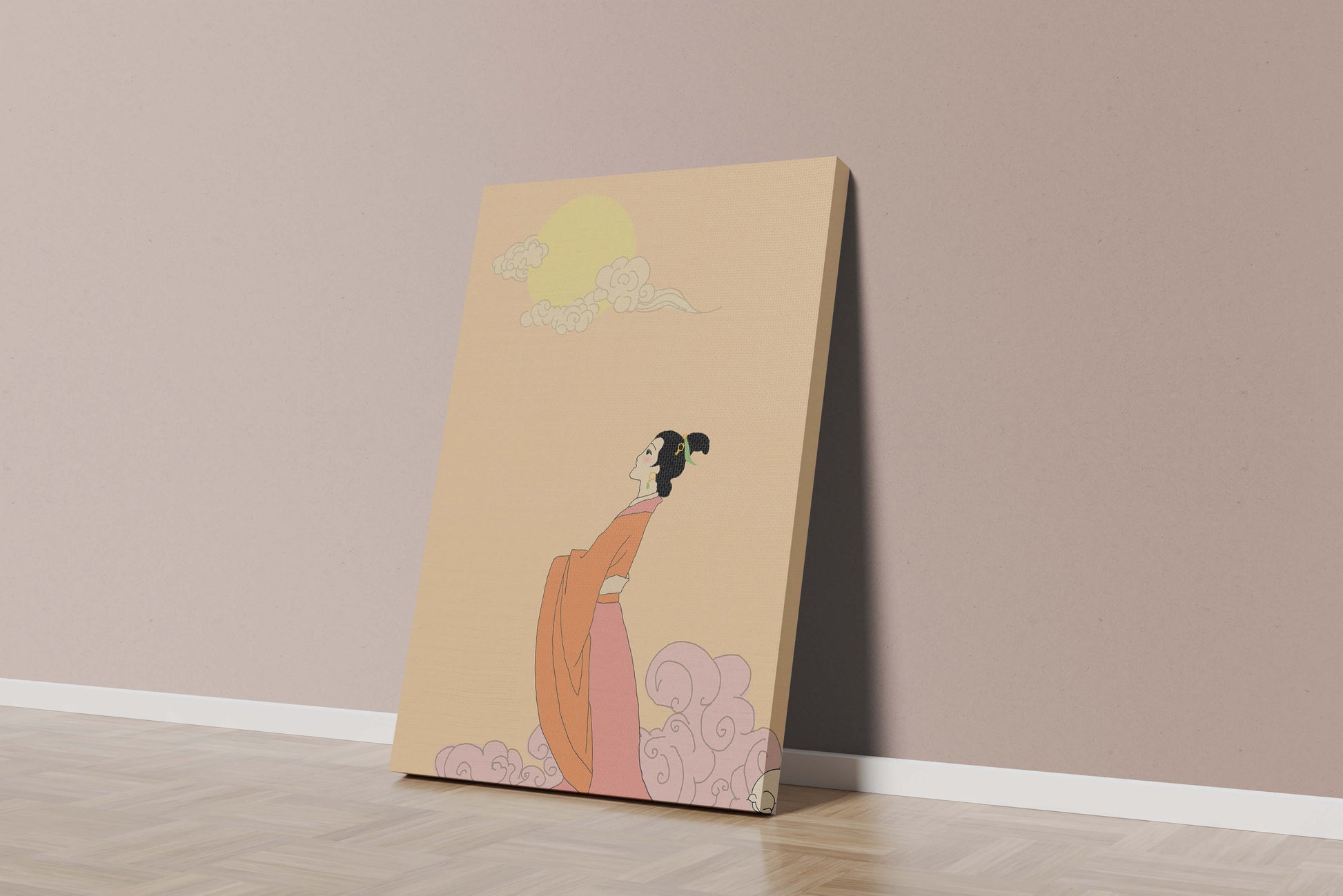 Elegant Woman in Traditional Dress with Moon and Clouds