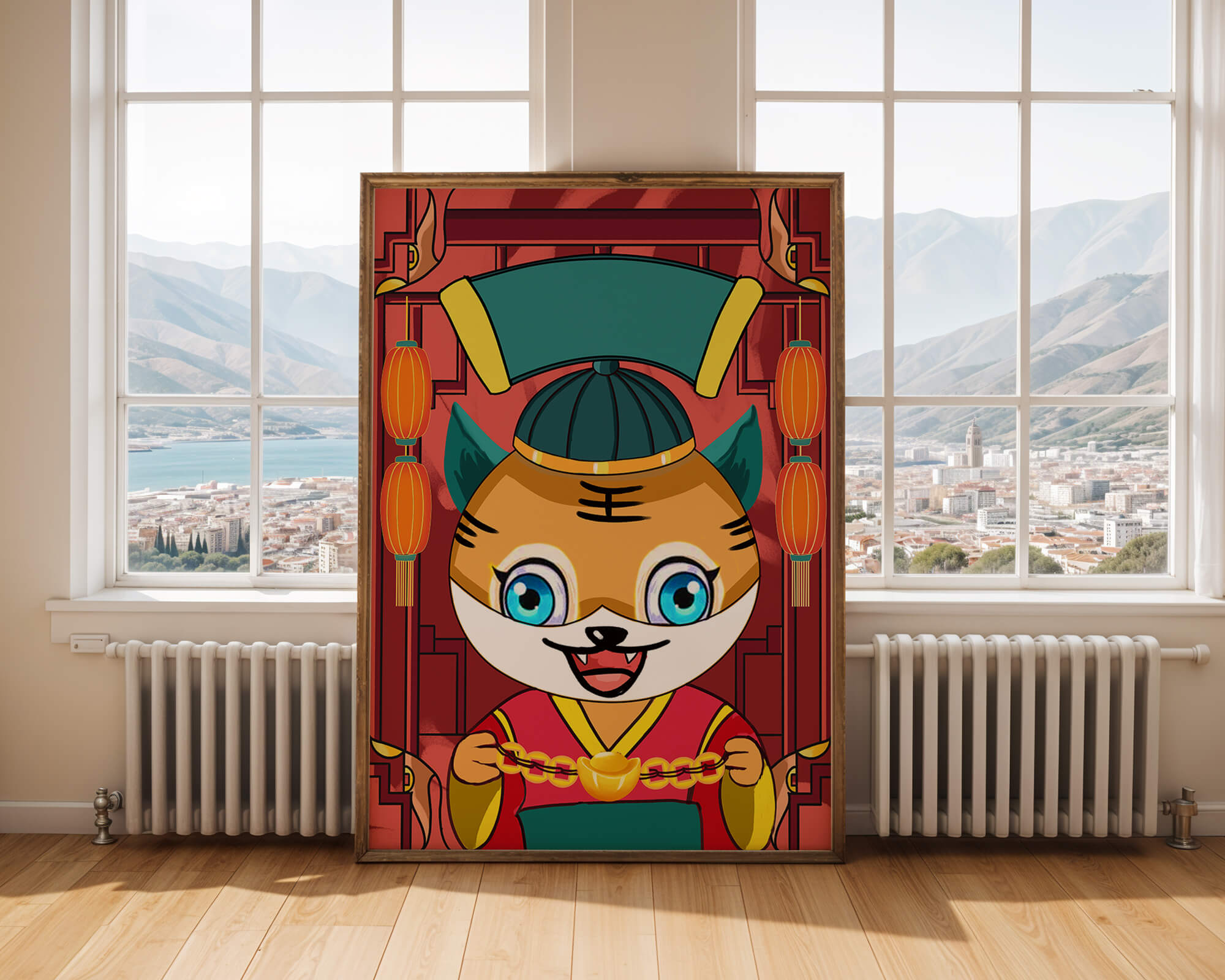 Colorful cartoon tiger with lanterns and traditional elements