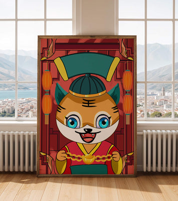 Colorful cartoon tiger with lanterns and traditional elements
