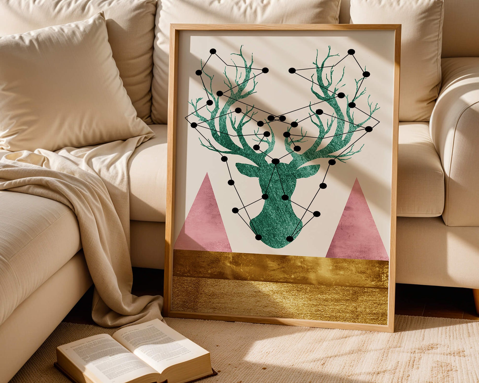 Geometric Deer with Abstract Elements and Gold Accents