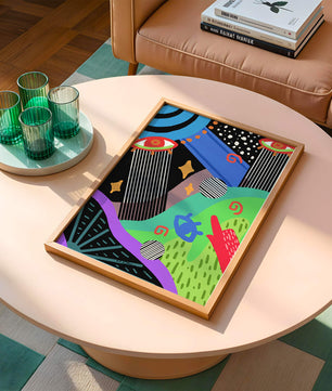 Œuvre d'art psychédélique abstraite colorée avec des formes géométriques et des yeux