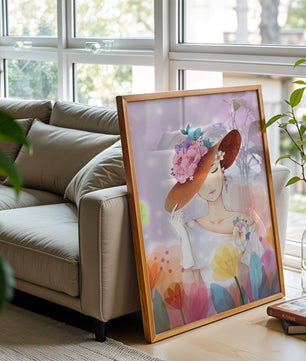 Mujer elegante con sombrero floral entre flores coloridas