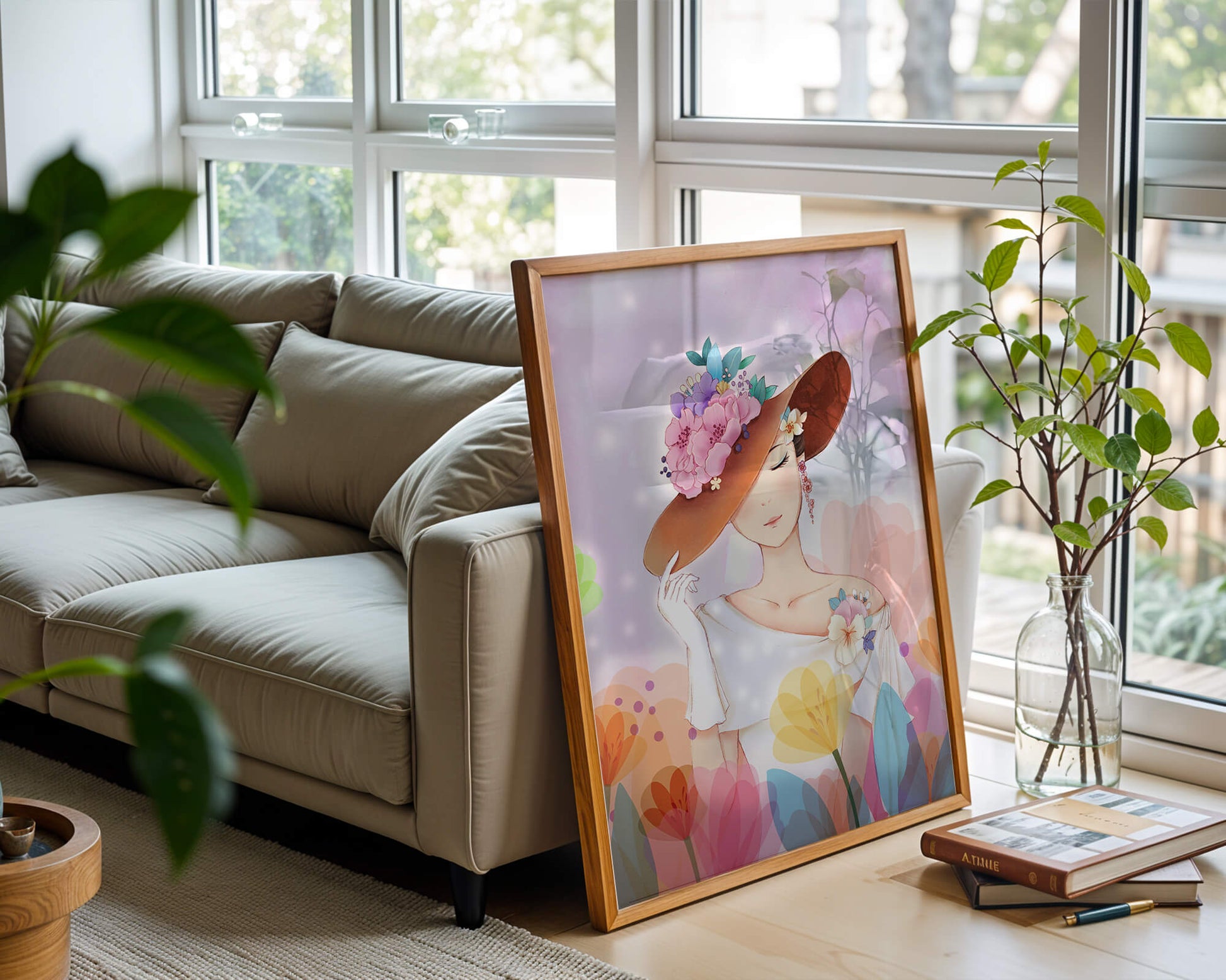 Mujer elegante con sombrero floral entre flores de colores