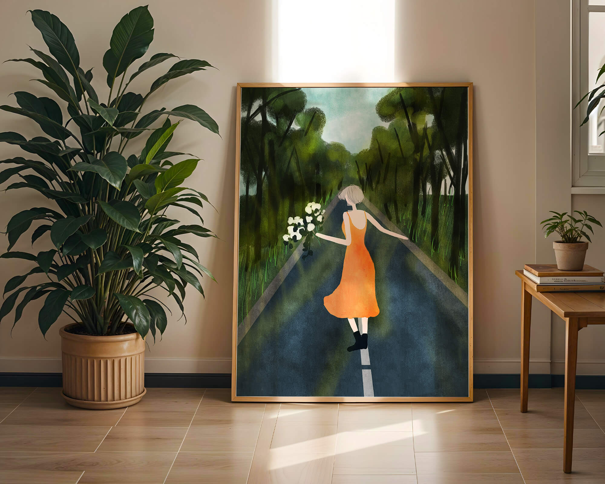 Woman in Orange Dress Walking on Road with Flowers in Forest