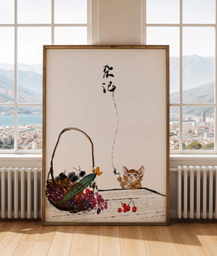 Juguetón gatito con frutas y arte de caligrafía