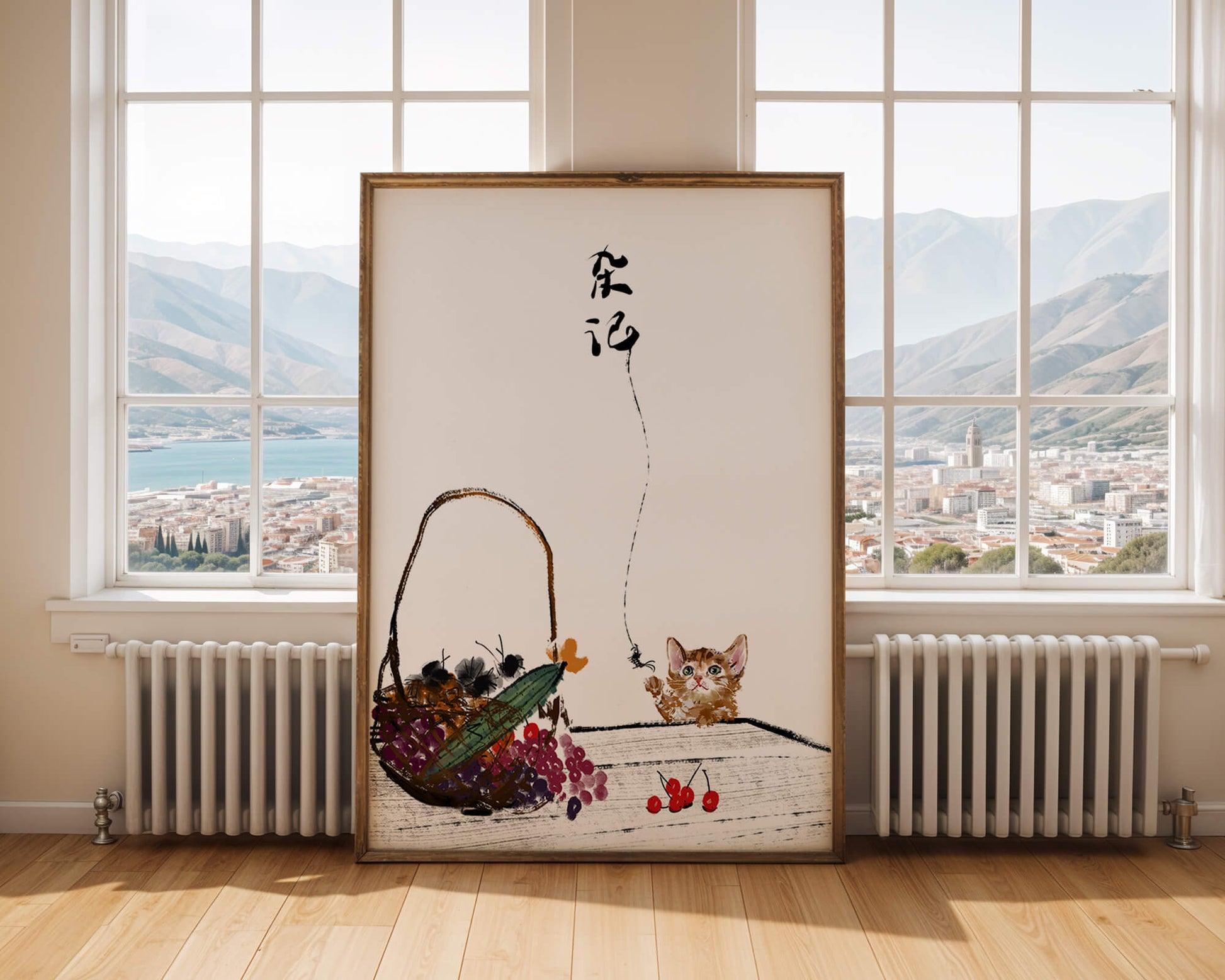 Juguetón gatito con frutas y arte de caligrafía