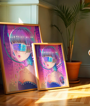 Chica cyberpunk futurista con colores neón y elementos de realidad virtual