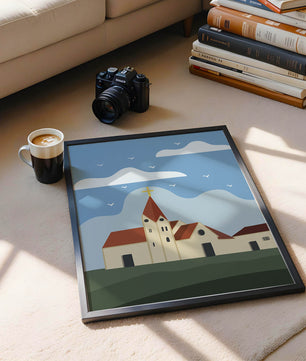 Idyllic Church Landscape with Golden Cross and Blue Sky