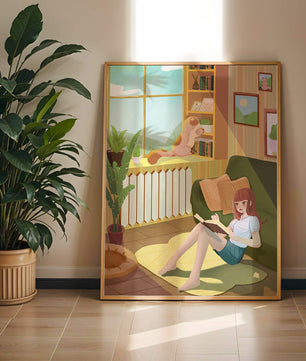 Cozy Living Room with a Reading Girl and Cat by the Window