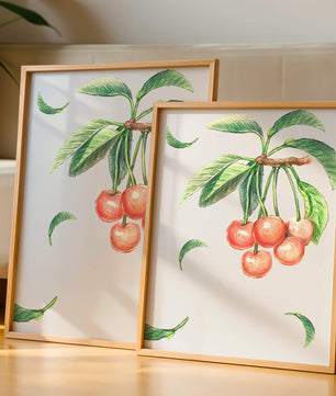 Ilustración realista de rama de cerezo con hojas verdes